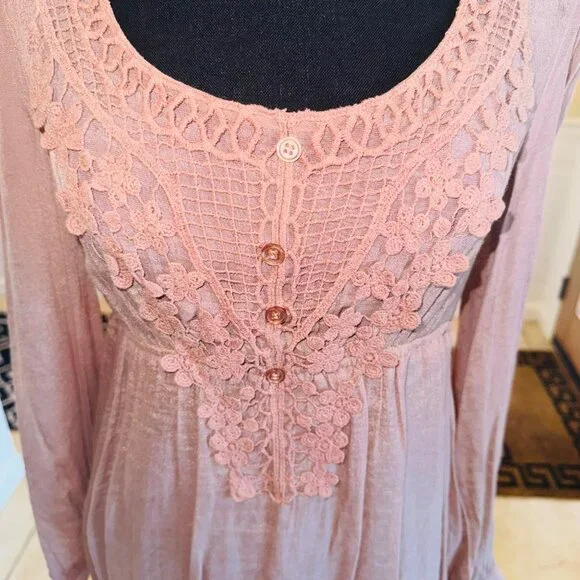 Anthropologie Blue Bird Boho Peasant Babydoll Crochet Lace M Cottage Dusty Rose - Picture 12 of 15